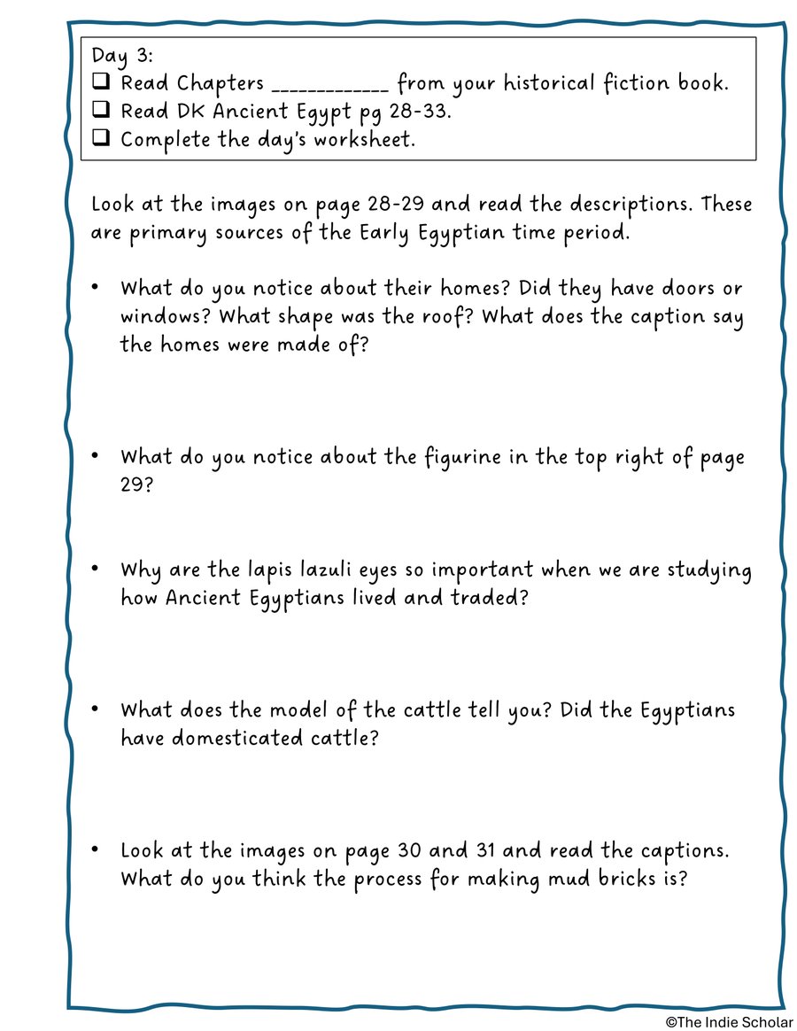 A primary-source analysis page from the Ancient Egypt workbook