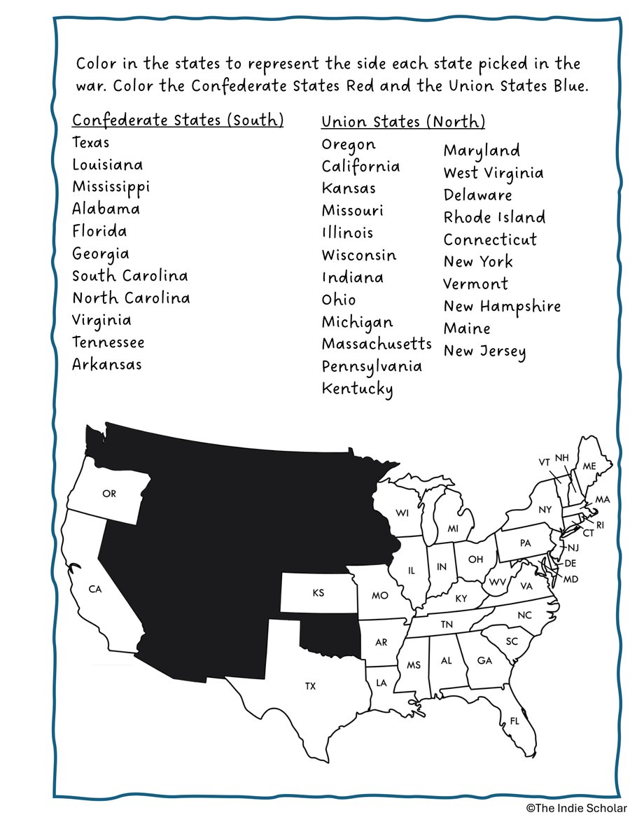 A daily worksheet page from the Civil War workbook, with a map-coloring activity