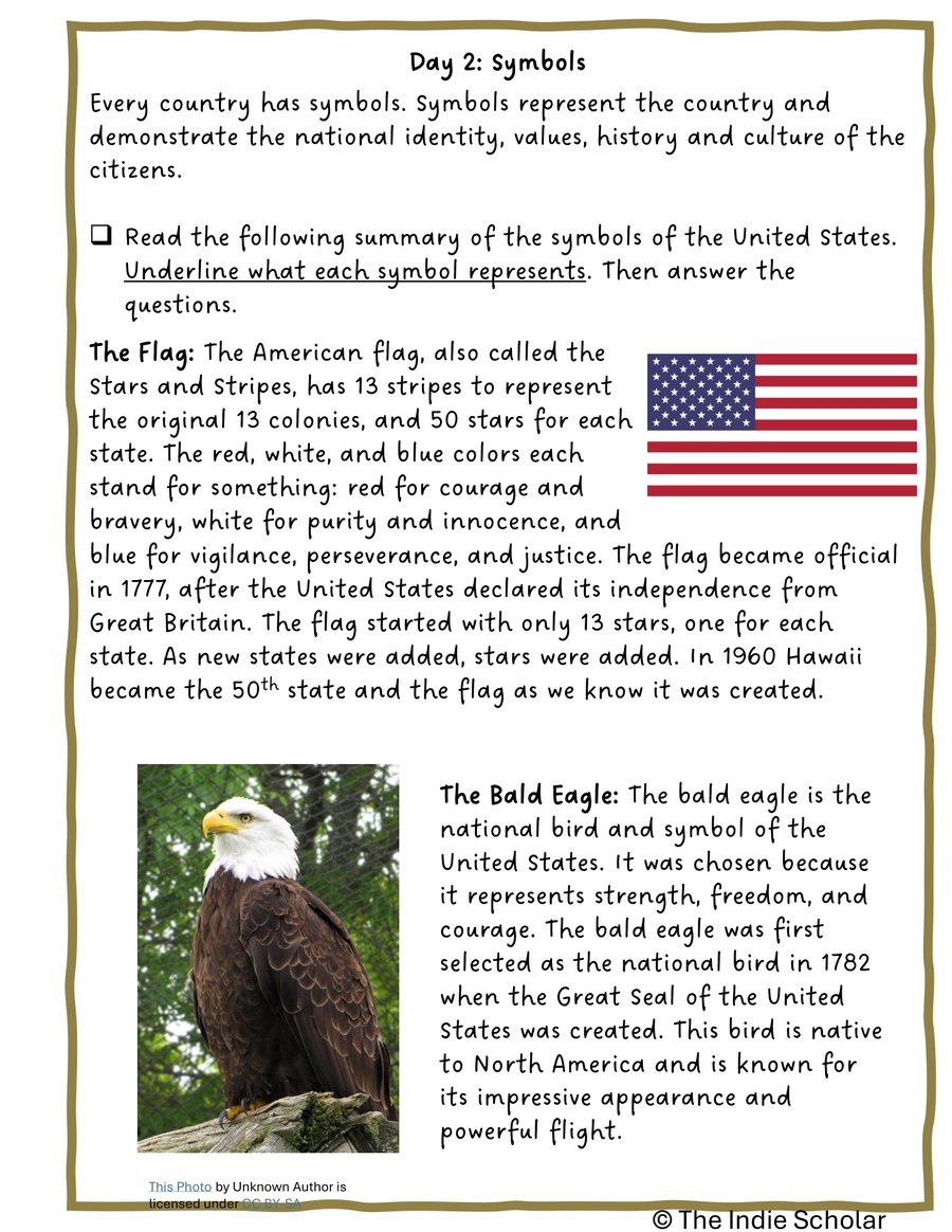 A national symbols page from the Build Your Own Government workbook