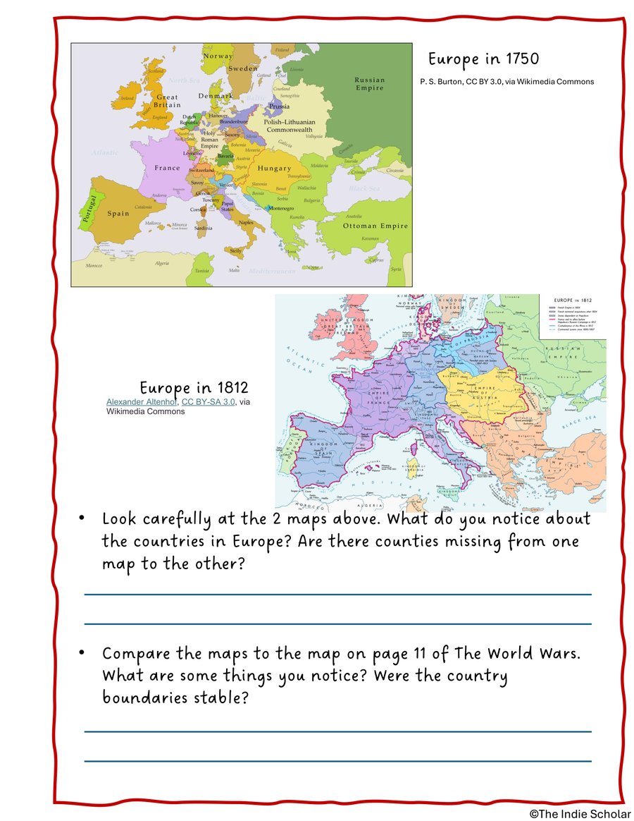 A map-comparison activity page from the World War I workbook