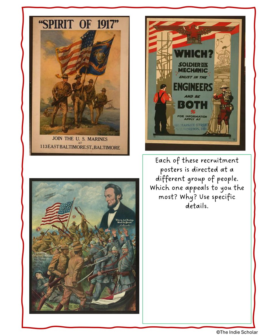 A vintage propaganda poster activity page from the World War I workbook